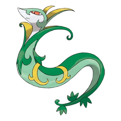 Serperior i Pokemon Scarlet & Violet som en del af en artikel om Quaquaval 7-stjernet Tera Raid.