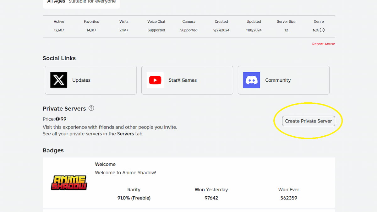 Anime Shadow Private Server Links til Roblox