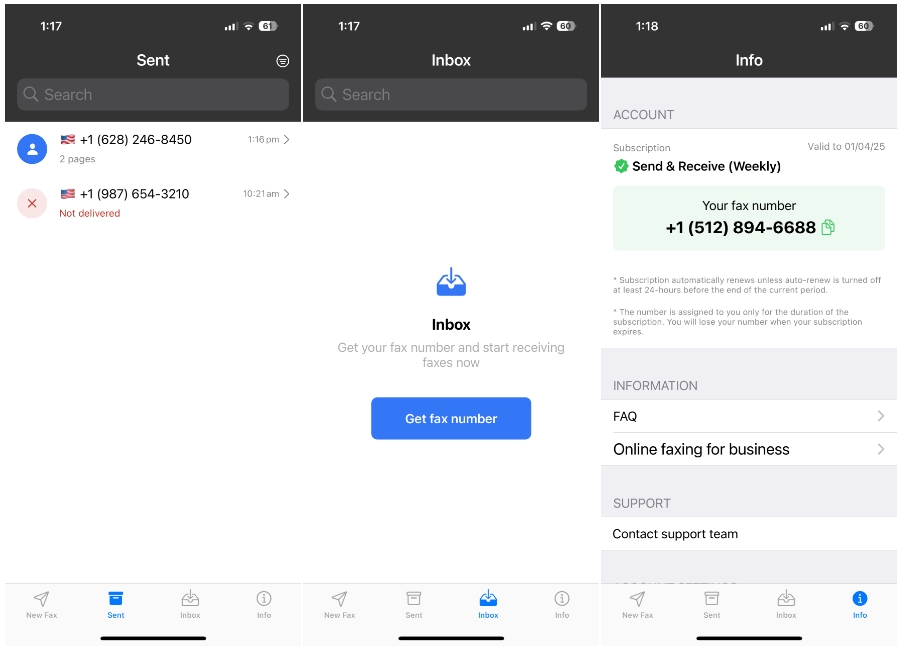 Skærmbilleder, der forhåndsvisning af den sendte faxstatus og oprettelse af lokalt faxnummer på Monicorn Fax fra iPhone -appen
