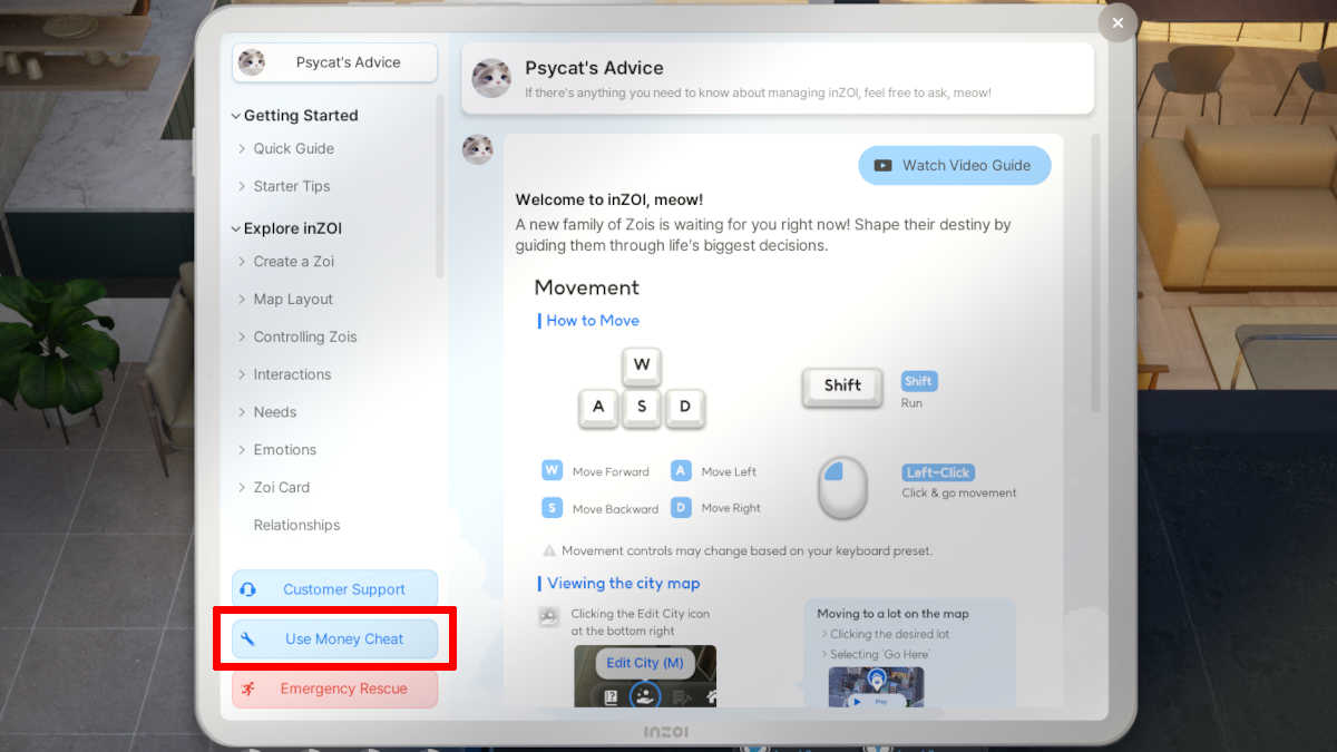Psycat's Guide, hvor du finder brugen af penge-cheat i InZoi
