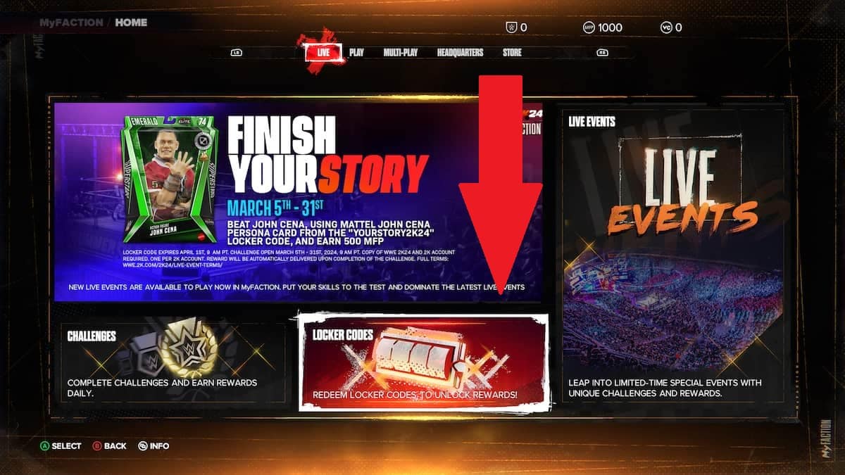 WWE 2K24 Locker Codes Guide Hovedmenu