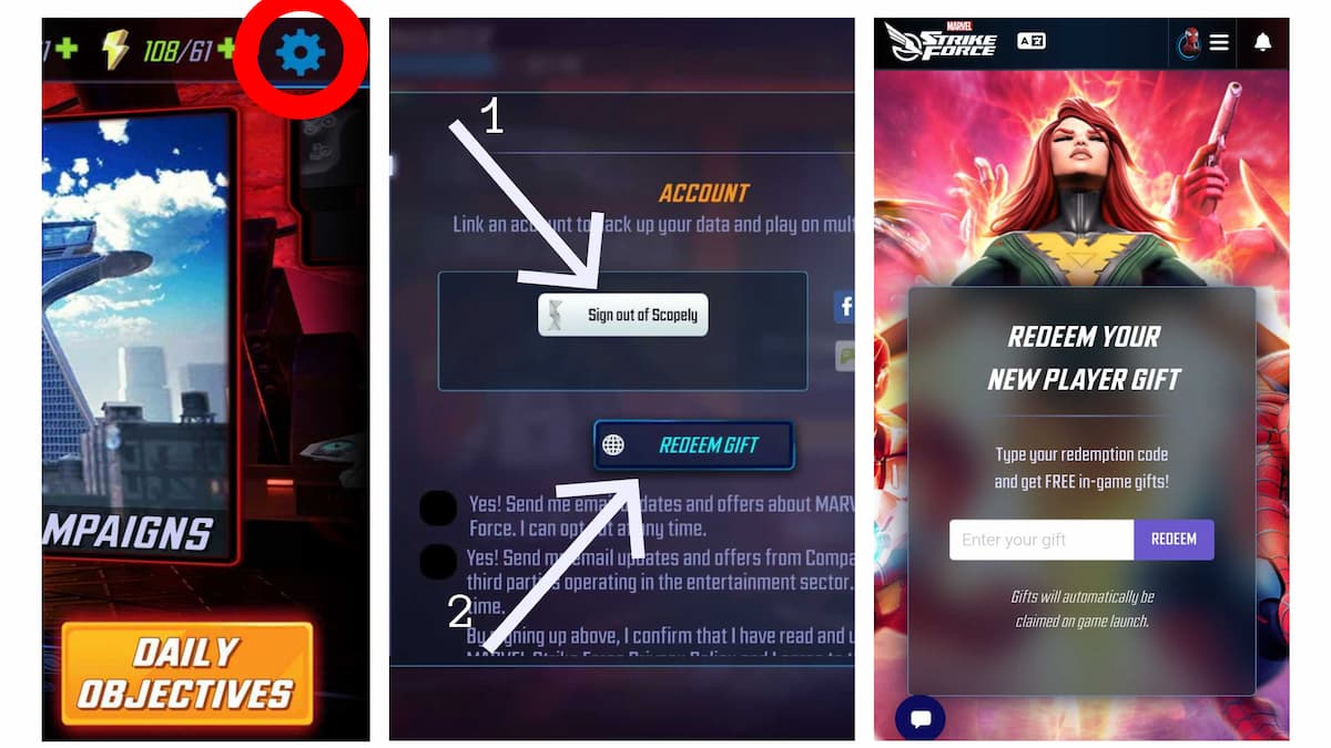 Sådan indløser du koder i Marvel Strike Force.