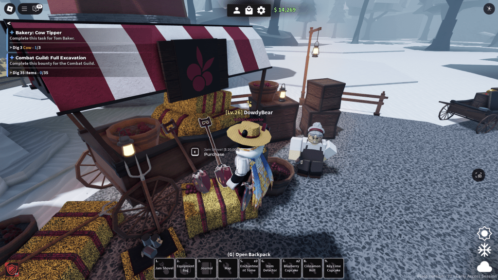 En Roblox Dig spiller ser på en skovl