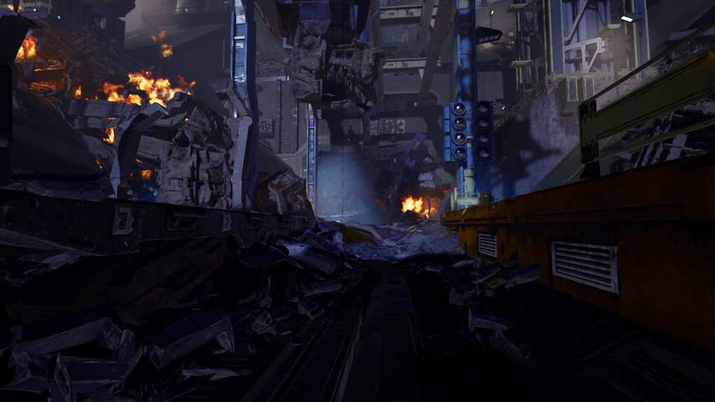 Killing Floor 3's Army Depot, som set fra dens hovedlandingszone. En togvrag er synligt.