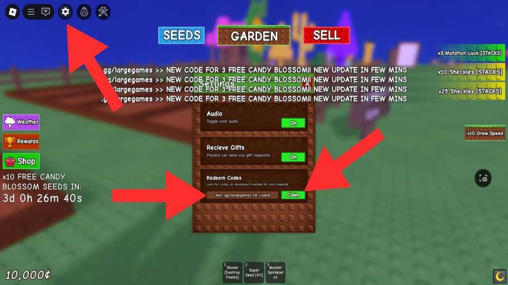 Indløsning af koder i Grow a Garden Modded
