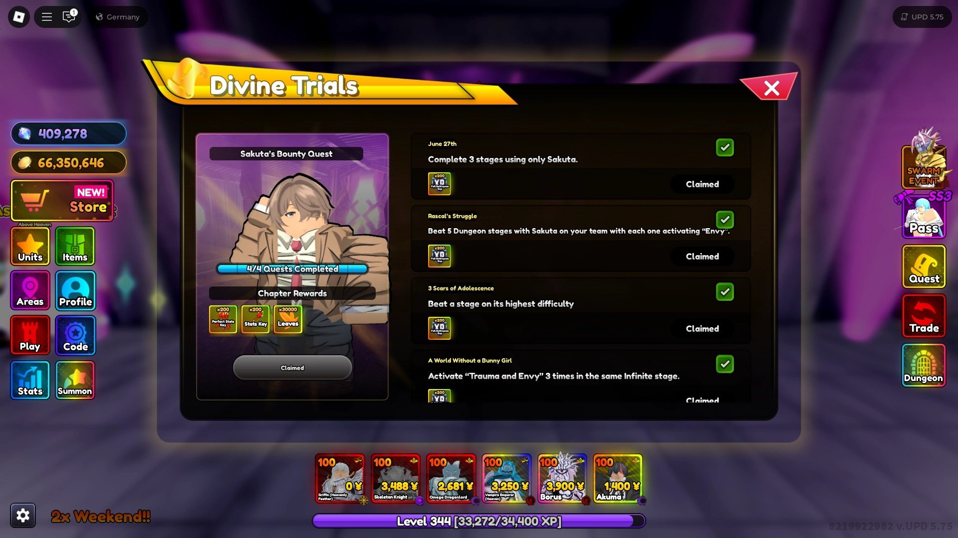 Forhåndsvisning af Rascal Swarm Event missioner i Anime Rangers X Roblox oplevelsen.
