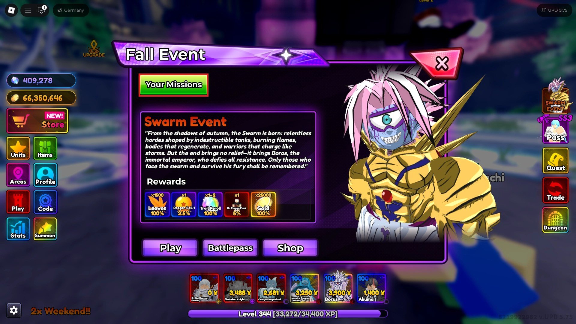 Swarm Event menu i Anime Rangers X Roblox oplevelsen.