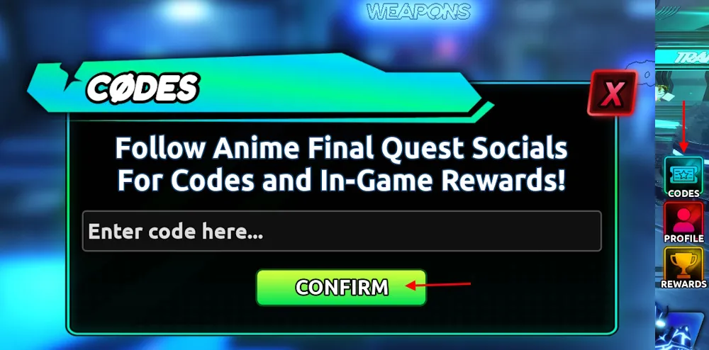 Anime Final Quest koder indløsning